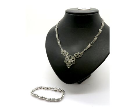 A Vintage Marcasite Set Necklace, of graduated design, openwork to the centre, on stylised leafy panel links, to snap clasp, 