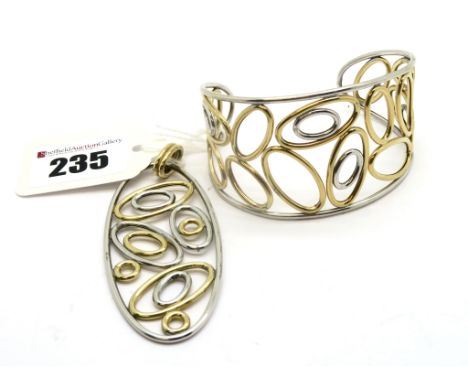 A Modern Two Colour Openwork Bangle, stamped "375"; Together with Matching Pendant, stamped "375". (2)