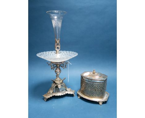 An Atkin Bros Plated Table Epergne Centrepiece, with cut glass dish and single central glass flute, raised on triform base wi