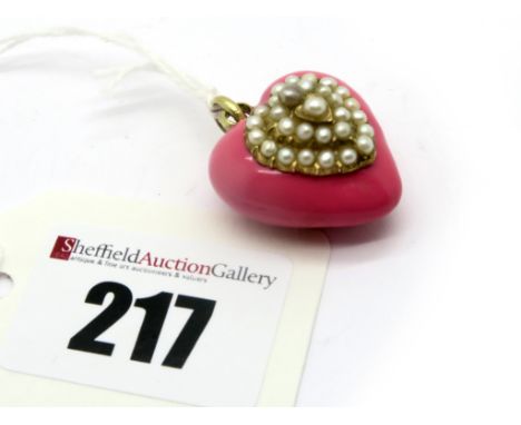 A Victorian Pink Enamel and Heart Shape Pendant, with heart shape glazed locket panel to verso, indistinctly stamped "15ct".