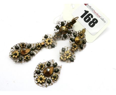 A Pair of XIX Century Belgian Diamond Set Earpendants, each of openwork shaped two tone panel design (one broken), on elongat