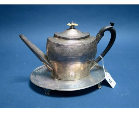 A Georgian Hallmarked Silver Teapot, HG, London 1796, of tapering oval form detailed with bands of foliate scrolls, bearing a