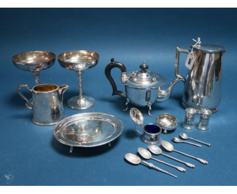 A Hallmarked Silver Three Piece Cruet Set, each with blue glass liner, an open salt, apostle coffee spoons, plated bachelor's