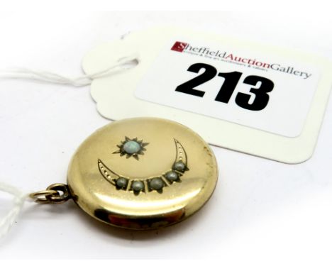 An Opal Set Circular Locket Pendant, detailed with a pearl set crescent, inscribed "EB1915".