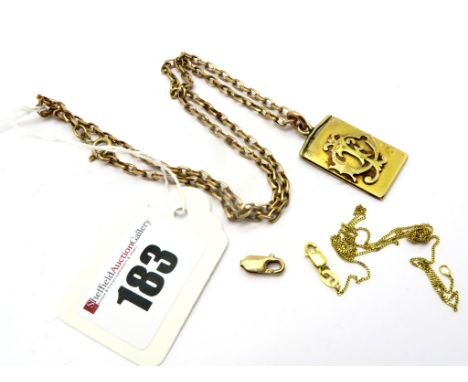 A Rectangular Panel Pendant, with applied monogram, on a later 9ct gold chain, etc. 