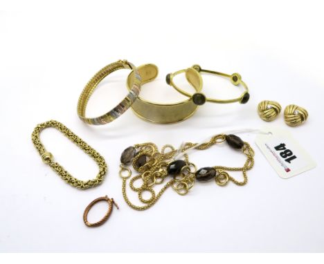 A Modern Gilt Long Necklace, stamped "925", a cuff bangle, of textured finish, a polished cabochon inset bangle, a three colo
