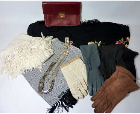 Vintage & Designer Clothing, Accessories and Textiles - Vintage leather clutch, two embroidered shawls, scarf, leather and ot