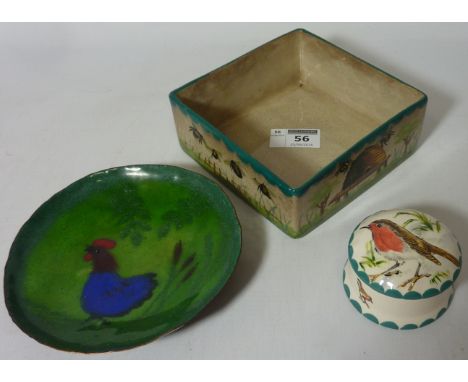 Wemyss square dish with beehive decoration W13cm, G. Hill Pottery (Wemyss) trinket dish hand painted with a robin (signed SB)