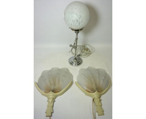 Art Deco period chromium-plated table lamp with dancing girl (with later Christopher Wray glass shade) H46.5cm and a pair of 