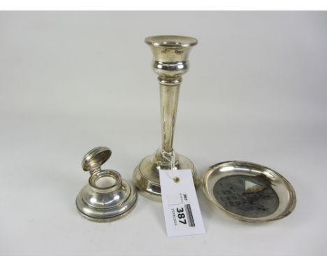 Silver candlestick, inkwell both weighted bases and a trinket dish with tortoiseshell base all hallmarked Condition Report Cl