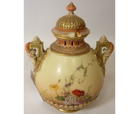Royal Worcester twin handled pot pourri jar and cover painted with wild flowers, shape no. 1995 c.1902 H21cm (a/f)  Condition
