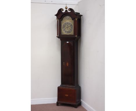 George III inlaid mahogany longcase clock, brass dial signed 'Nm Ponley Asby' Tempus Fugit, chiming movement, H222cm CLOCKS &