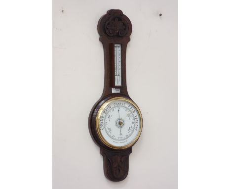 20th century oak aneroid barometer with mercury thermometer, W76cm CLOCKS & BAROMETERS - as we are not a retailer, these item