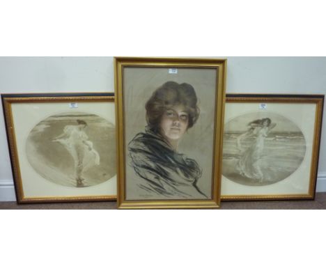 Bust Portrait of a Young Woman, colour print after Philip Boileau 1903, 66cm x 44cm and a pair of oval monochrome prints of m