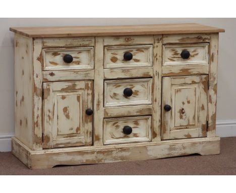 Light oak top and distressed painted pine dresser fitted with five drawers and two cupboards, W133cm, H84cm, D45cm Condition 