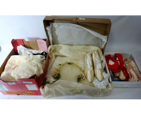 Vintage & Designer Clothing, Accessories and Textiles - Box of vintage lace, wedding veil, satin shoes etc, together with fiv