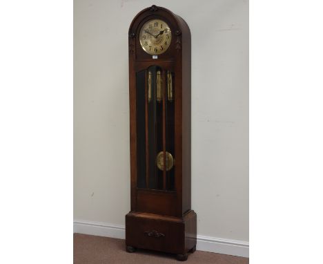 Early 20th century oak longcase clock, triple weight driven chiming movement, circular tooled brass face, carved detail, H196