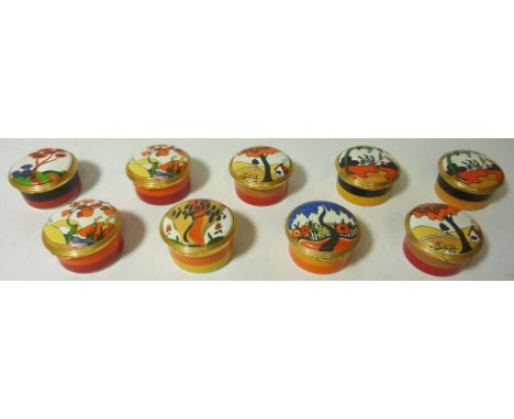 Nine limited edition Bradford Exchange Clarice Cliff print trinket boxes D4.5cm  Condition Report Click here for further imag