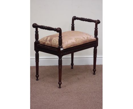 Reproduction mahogany Victorian style piano stool, fitted with hinged upholstered seat enclosing compartment, W72cm Condition