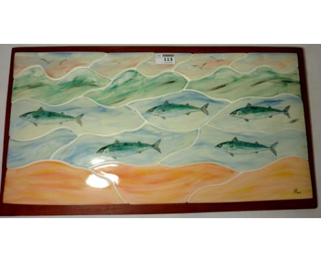 Eskdale Studio hand cut ceramic mural hand painted with mackerel, board mounted for wall hanging W61cm overall  Condition Rep