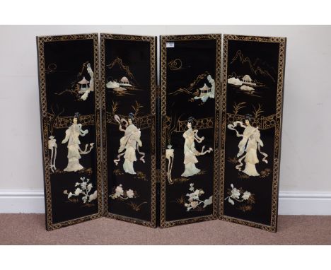Japanese style Shibayama black lacquered and gilt four panel folding screen, W125cm (overall), H93cm