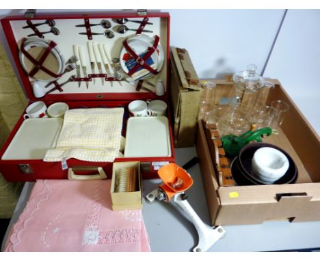 Vintage Brexton picnic hamper with fitted contents, 78 RPM records, oak pipe rack, Spong & Co. bean slicer, mincer and other 
