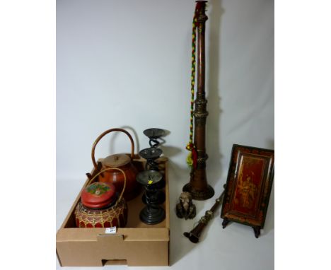 Tibetan horn, another instrument, Eastern wood kettle, Japanese lacquered panel, set of three graduated candle holders and ot