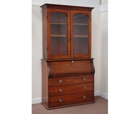 19th century mahogany secretaire bookcase enclosed by two arch glazed doors, fall front enclosing interior fitted with writin