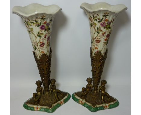 Pair gilt metal and ceramic trumpet shape vases H41cm  Condition Report Click here for further images, condition, auction tim