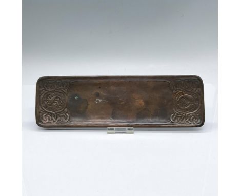 A beautiful antique aged bronze 10-inch long tray featuring intricate zodiac designs, Pisces and Scorpio, stamped by Tiffany 