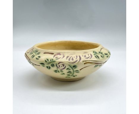 Earthenware planter or bowl with a design of Scottish roses on a thorny vine with bright green leaves impressed into a creamw