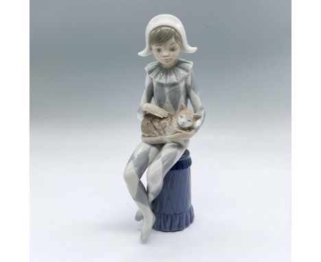 Glossy figure of a seated young jester with a cat. Nao backstamp. Artist: Francisco CatalaIssued: 1992Dimensions: 4"L x 3.25"