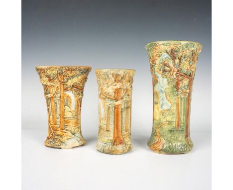 3 hand painted vases in various shapes and sizes. Each depicting a scenic landscape. Vase 1: 3.75"W x 7.75"H. Vase 2: 5.75"L 