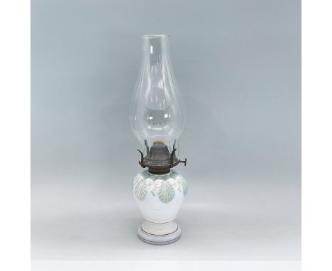 Oil lamp with clear glass chimney, white milk glass body with painted turquoise shells in high-relief, bronze hardware. Dimen
