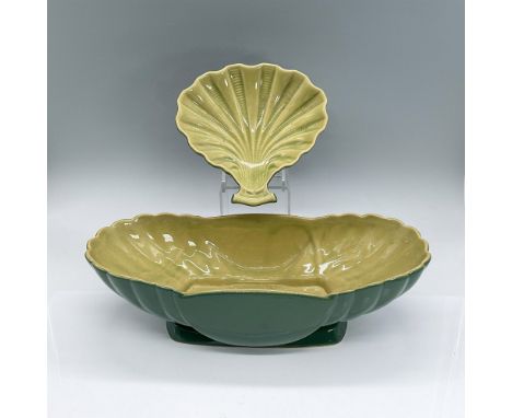 Earthenware green console bowl and small dish in seashell shape. Roseville mark. Console bowl 13"L x 6"W x 3.5"H. Small shell