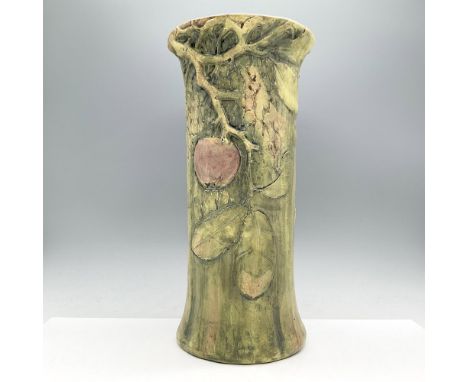 Tall, cylindrical pottery vase with an earthy, textured finish. The vase features a nature-inspired design with a detailed re