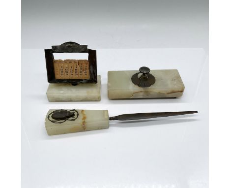 Beautiful Egyptian style antique ink blotter, letter opener and mini desk calendar. The set is crafted with white marble with