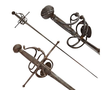 17th-19th Century European Rapier Sword. Steel, straight, faceted blade. Magnificent forged, hilt with a protective plate on 