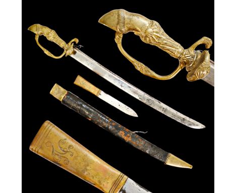 German hunting saber with knife, last half of the 18th century. A complex example with raised brass fastenings in the Rococo 