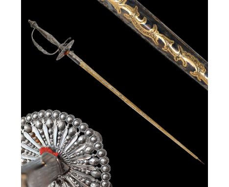 A very high quality English small-sword with cut steel hilt, 1770 - 1790. Incurved triangular section blade decorated with et