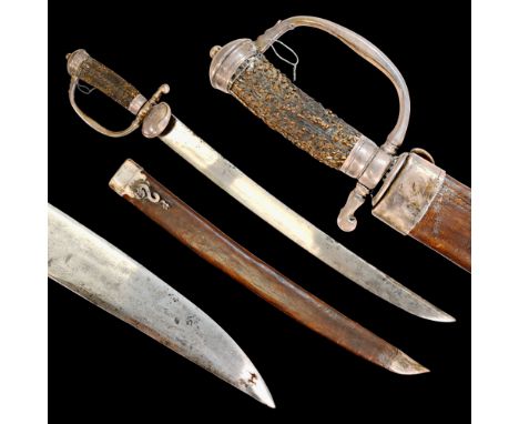 RARE FRENCH HUNTING SABER, CURVED BLADE WITH SILVER HANDLE 19TH C. Curved steel blade without fuller. Deer antler handle with
