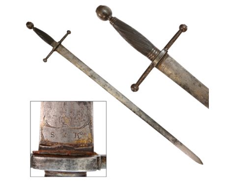 Rare French Sword, first half of the 18th century. Steel straight blade sharpened on both sides. decorated with engraved orna