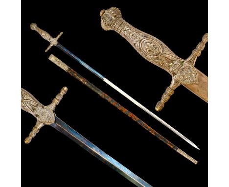 Rare Spanish small sword with scabbard, bronze hilt and blued blade, 19th century. A long, double-edged blade decorated with 