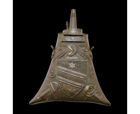 Rare powder flask from the property of the Boanaparte family, Italy, 17th century. The iron case is richly decorated with cha