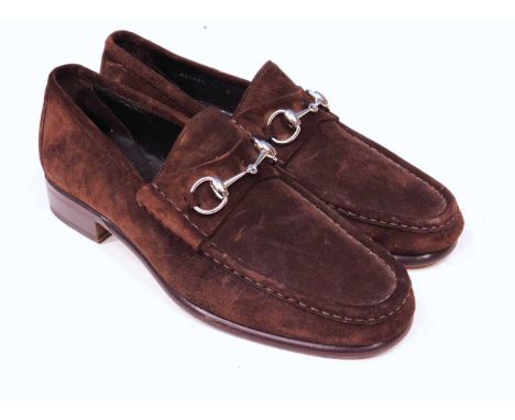 A pair of gents brown suede Gucci loafers with classic horse bit detail, size 44small stikcer mark to front of one shoe (see 