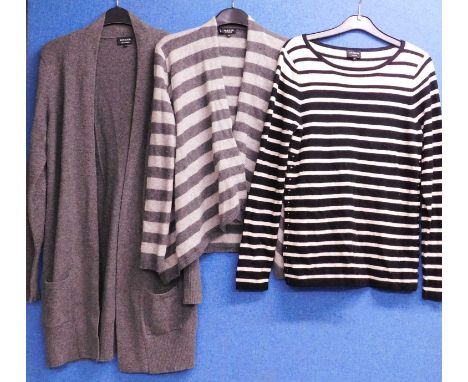 Three Jaeger cashmere jumpers to include a grey three quarter length cargidan, an open fronted striped cardigan and a black a