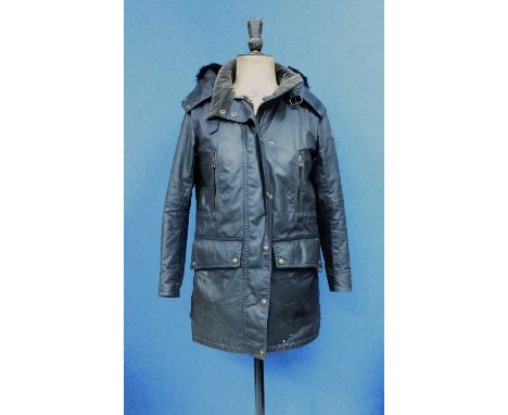 A lady's coat by Belstaff, the black/brown three quarter length coat with zip front, storm flap, popper fastening with front 