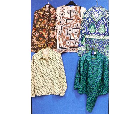 A selection of mid 20th century printed ladies tops to include a green and blue satin matching blouse and skirt by Richard St