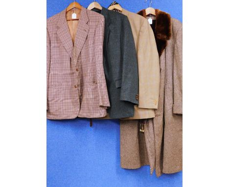 Quantity of mens wear to include an overcoat with faux fur collar, a green tweed jacket, a brown checked jacket and a brown c