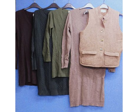 Four cashmere jumpers/sweater dresses, all size S together with a Brora tweed gillet, size 12 (5)minor bobbling on jumpersall